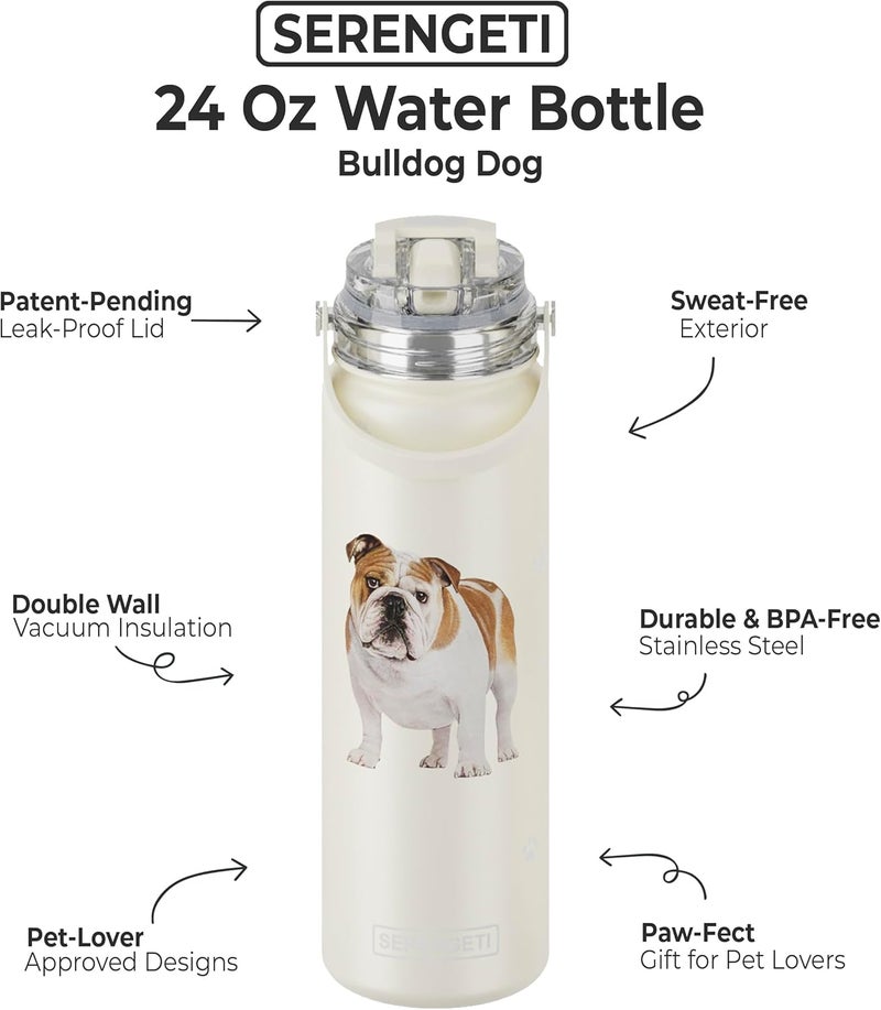 ES Pets SERENGETI 24 Oz Water Bottle Stainless Steel with Spill Proof Lid - Double walled Vacuum Insulated water flask - Realistic 3D Print of your favorite dog (Bulldog) - Image 1
